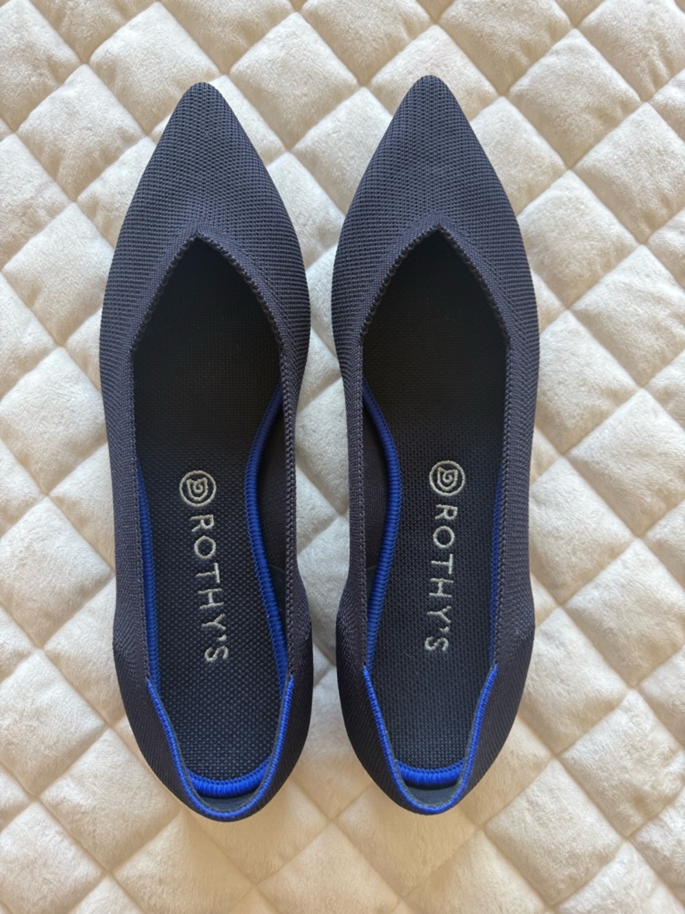 Rothy's Navy Pointed Knit Ballet Flats with Royal Blue Trim - Women’s 11.5